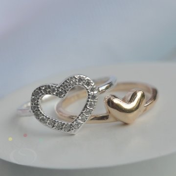 Anel Composição Cravejado com Rosé Gold Coração G - Prata