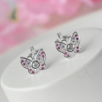 Brinco Borboleta Cravejada Rosa e Pink - Prata