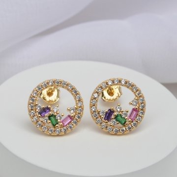 Brinco Circulo Cravejado Baguetes Coloridas - Semijoia