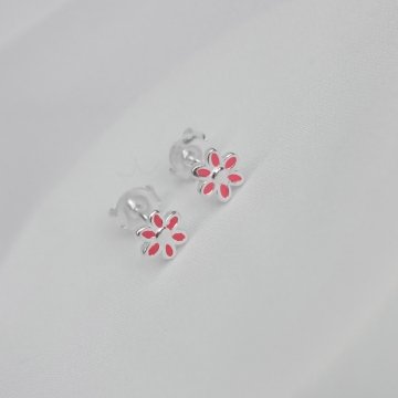 Brinco Flor Esmaltada Rosa - Prata