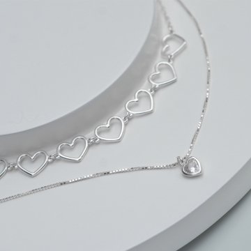 Colar Duplo Corações - Prata