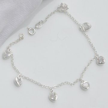 Pulseira Coraes Cravejados Pendentes - Prata