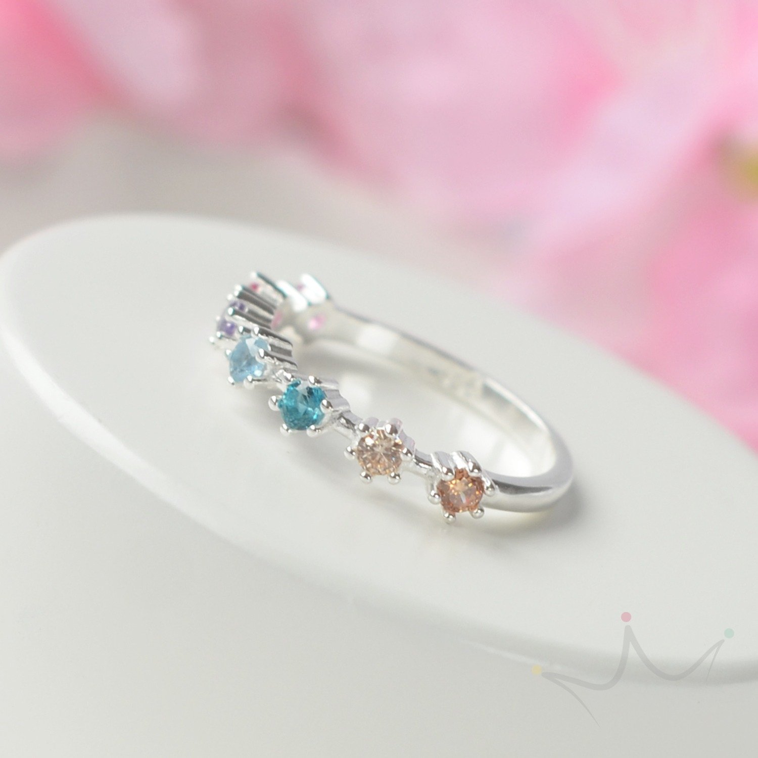 Anel Meia Aliana Cravejada Colorida Espaada - Prata