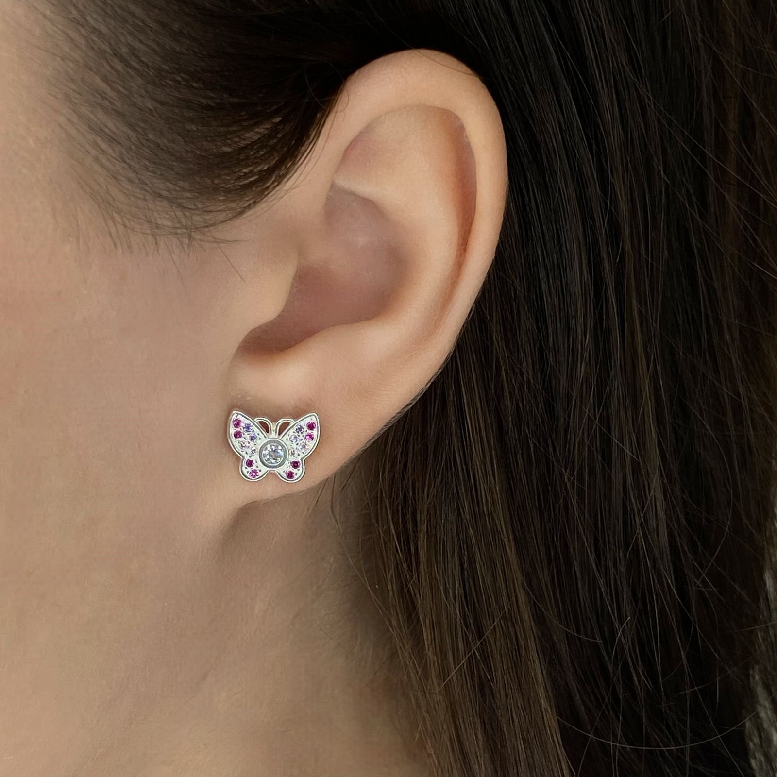 Brinco Borboleta Cravejada Rosa e Pink - Prata Brinco Borboleta Cravejada Rosa e Pink - Prata